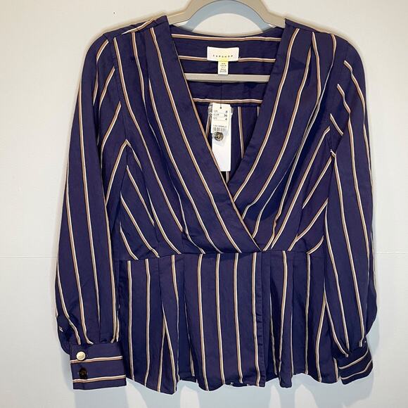 Topshop NWT Striped Faux Wrap Long Sleeve Top - size 4 - Picture 1 of 7